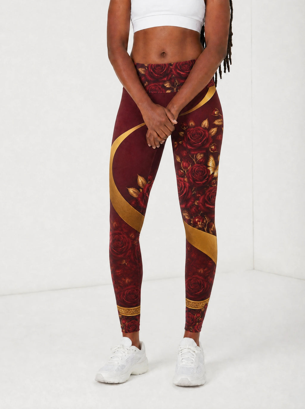 "August Girl Roses" Leggings — front view on model