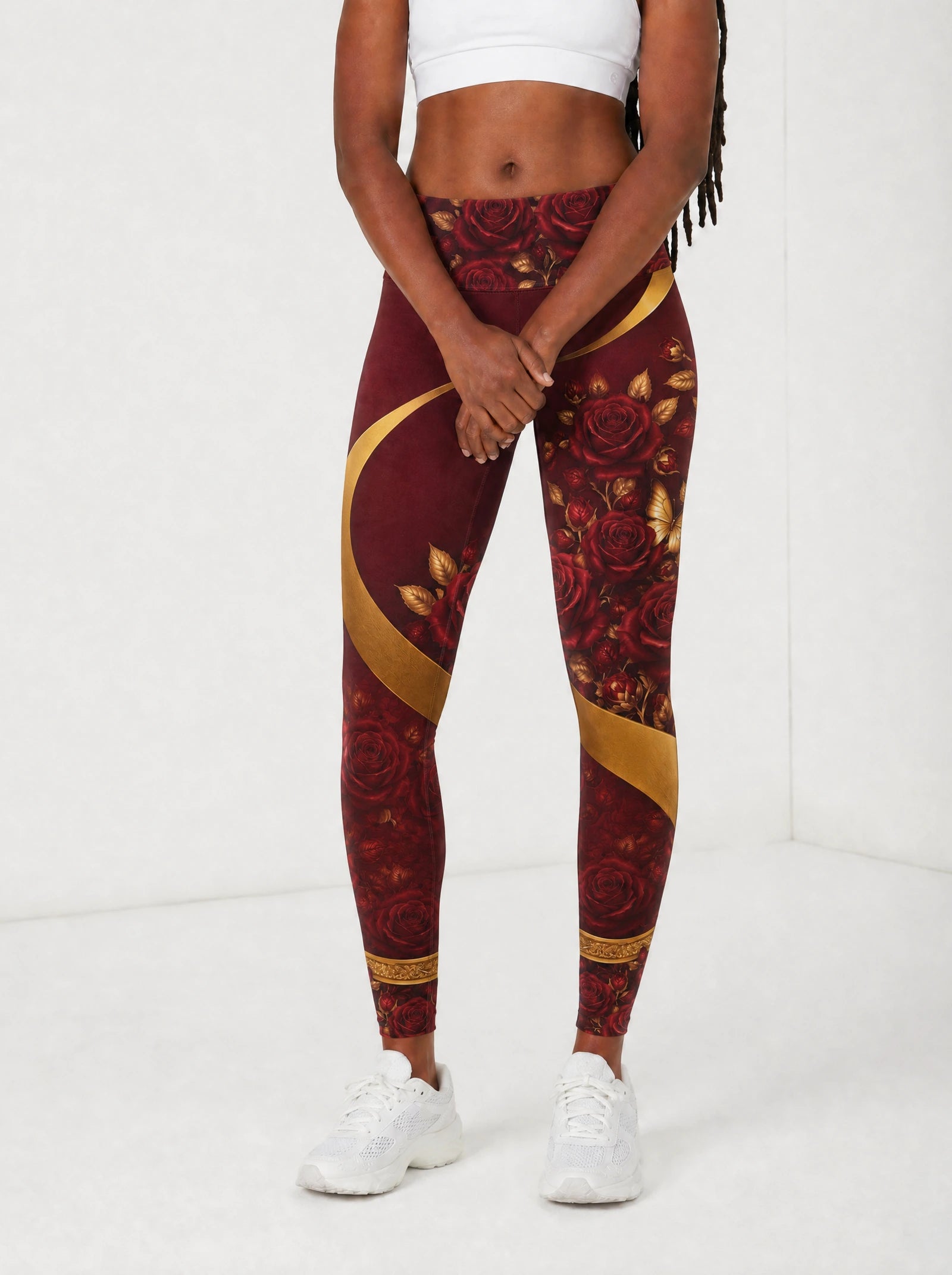 "August Girl Roses" Leggings — front view on model
