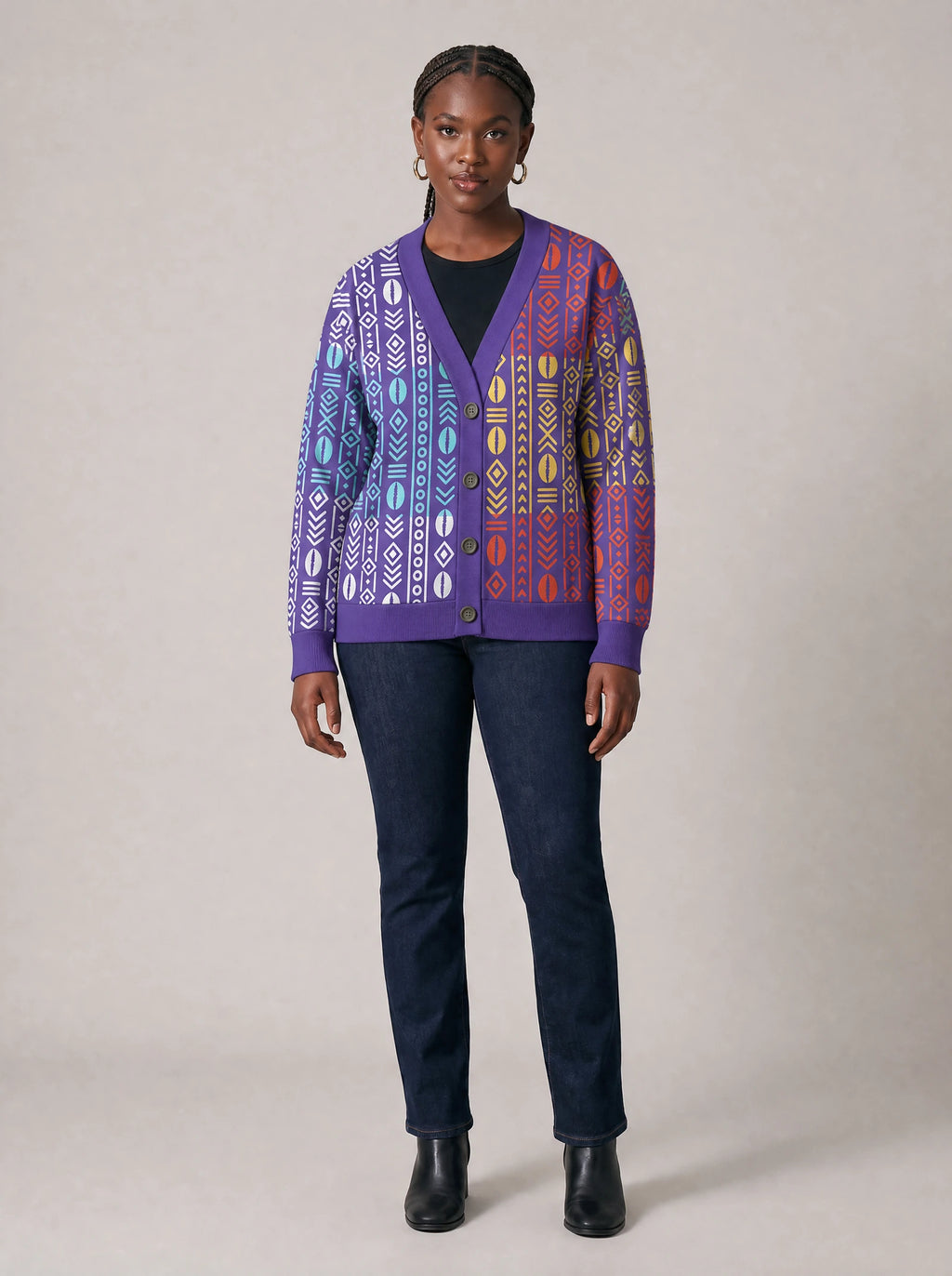 "Oshun Zamani" Cardigan — front view on model
