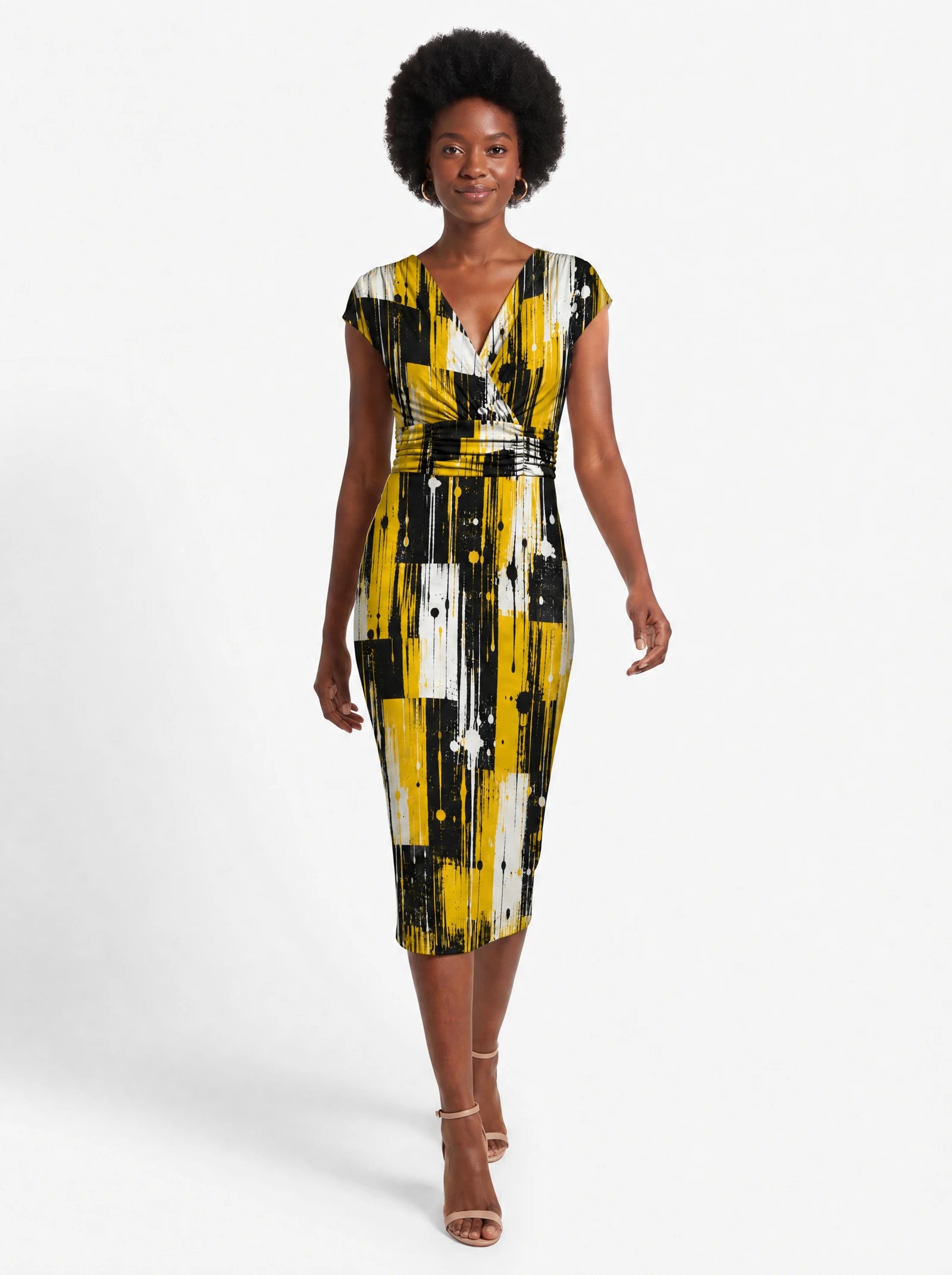 "Mvua" Cap Sleeve Midi Dress — front view on model