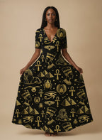 "Nefertiti" Black Gold Short Sleeve Maxi Dress Promo