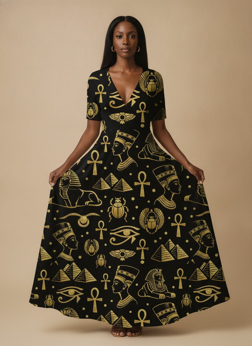 "Nefertiti" Black Gold Short Sleeve Maxi Dress