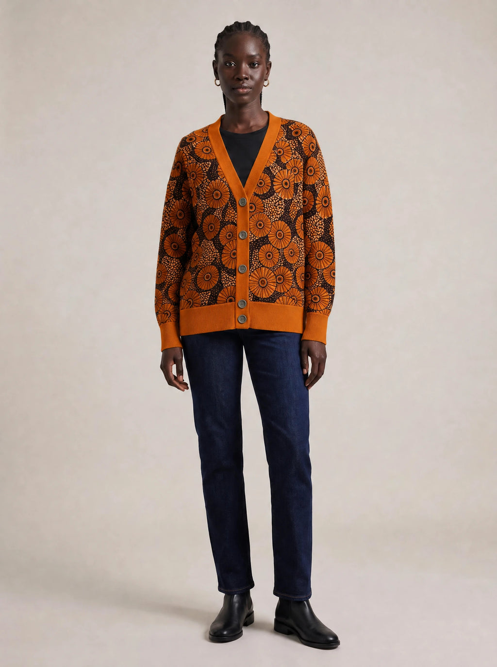 "Shada" Knitted Cardigan — front view on model