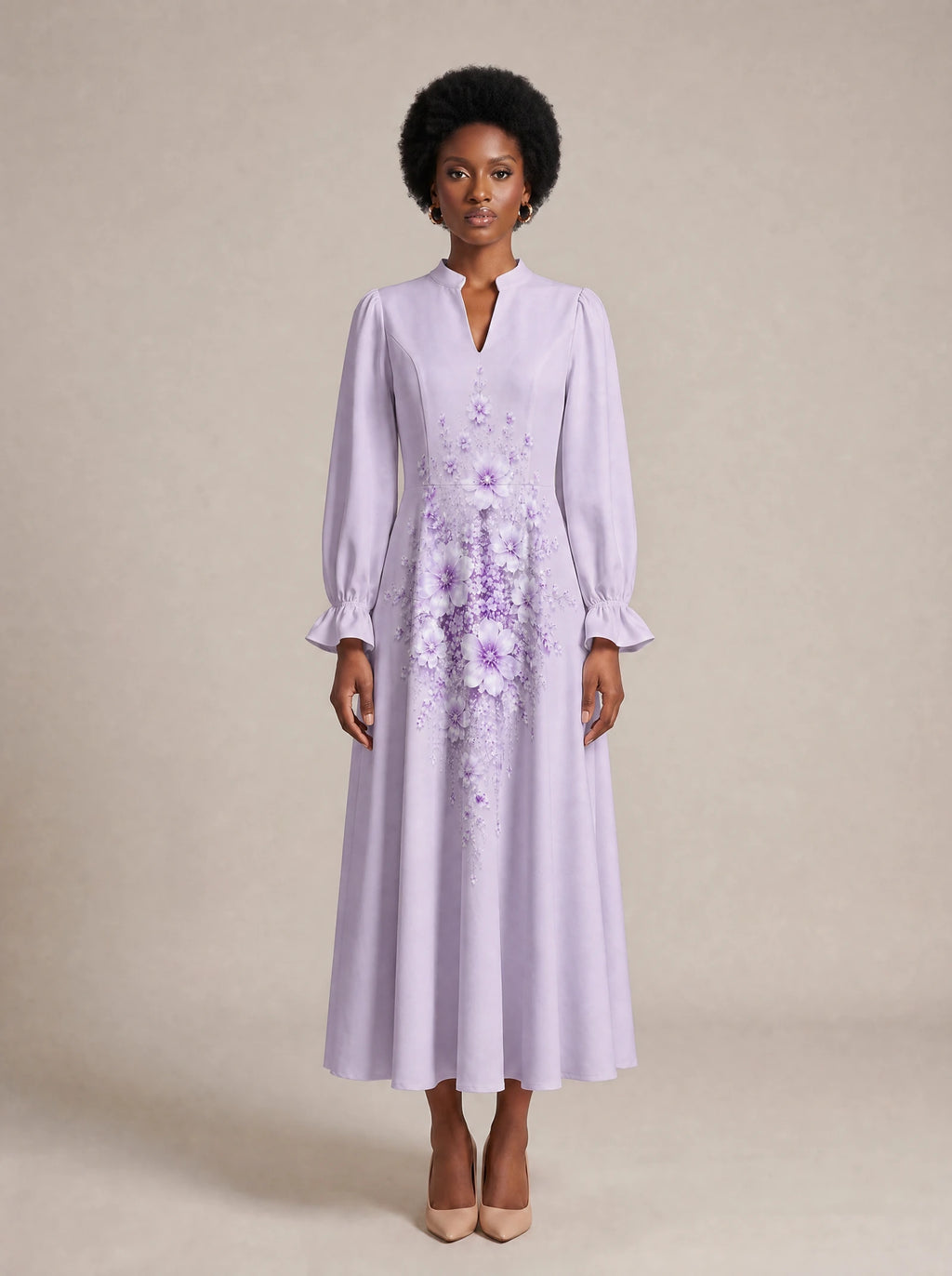 "Zambarau" Long Puff Sleeve Dress — front view on model