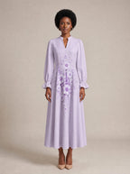 "Zambarau" Long Puff Sleeve Dress — front view on model