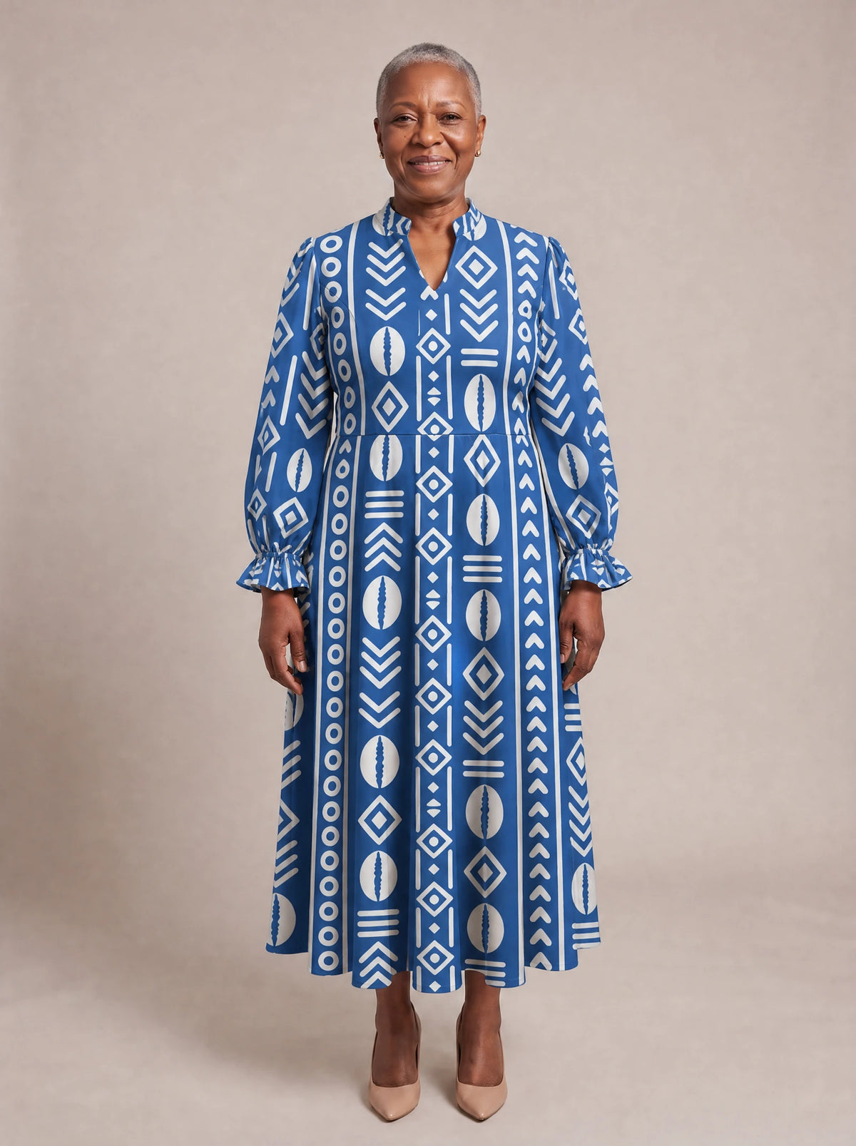 "Oshun" Royal Blue Long Puff Sleeve Dress — front view on model