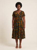"Afrocentric Pattern" V Neck Midi Dress