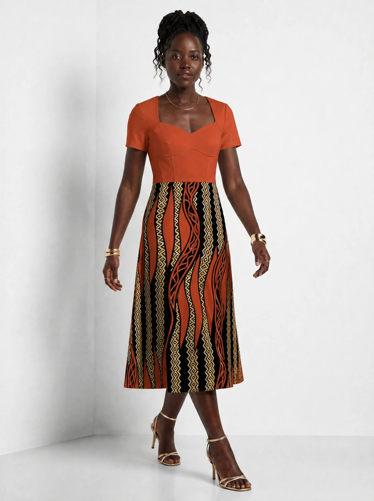 "Miali" Sweetheart Midi Dress — front view on model