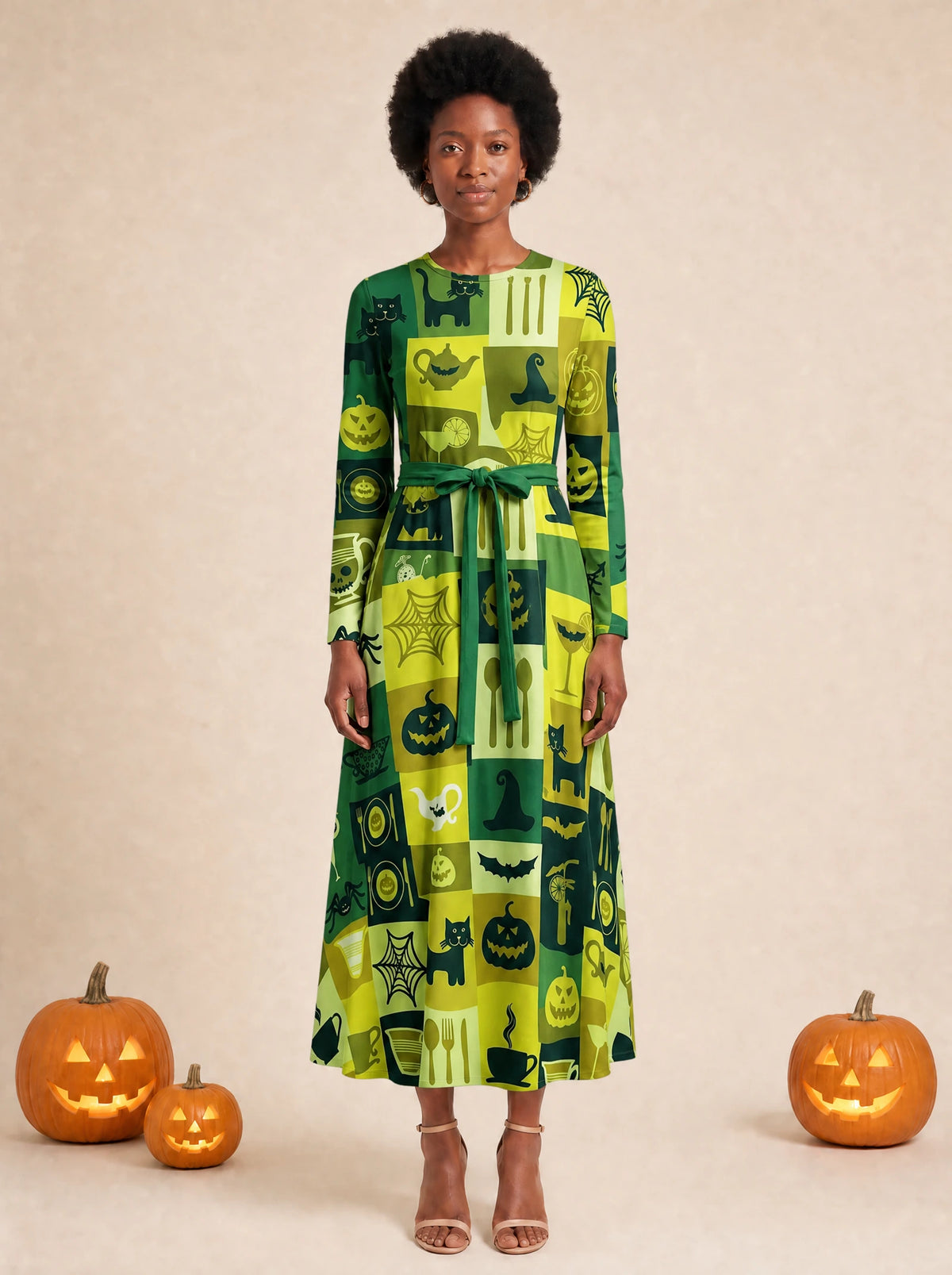 "Karamu" Halloween Long Sleeve Midaxi Dress — front view on model