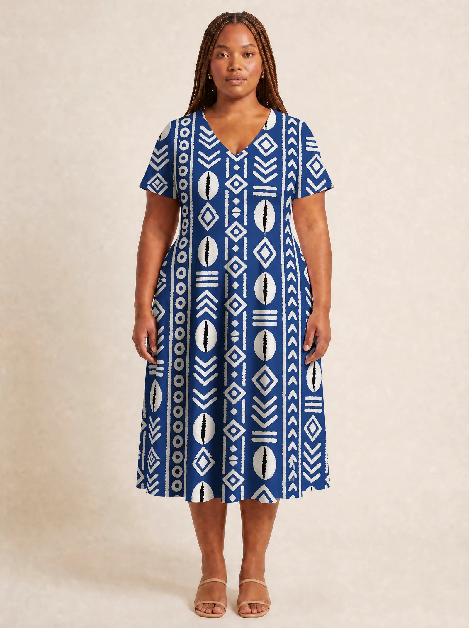 "Oshun Royal Blue" V Neck Midi Dress