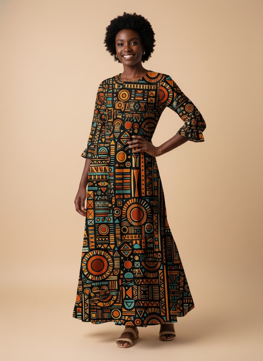 Afrocentric Pattern Long Sleeve Maxi Dress