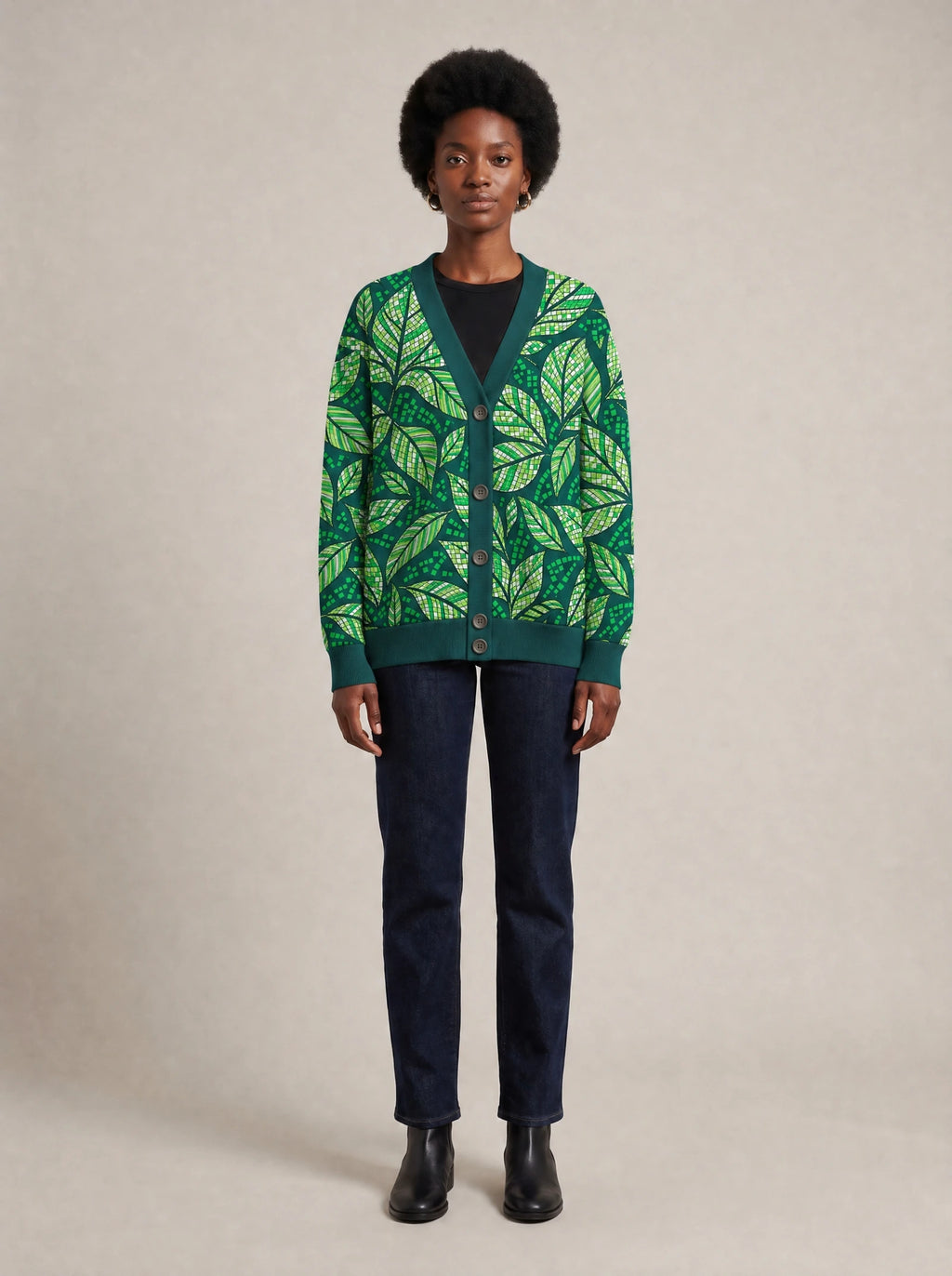 "Jani" Cardigan — front view on model