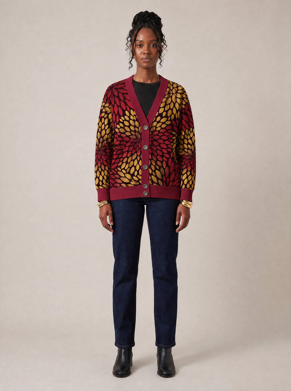 "Mavuno" Cardigan — front view on model