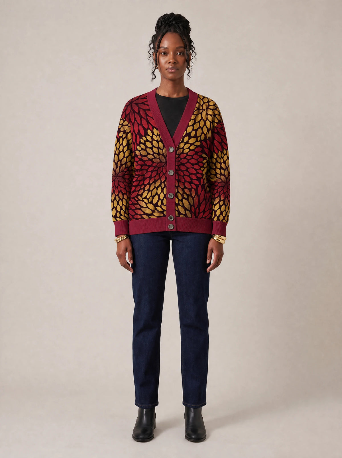 "Mavuno" Cardigan — front view on model