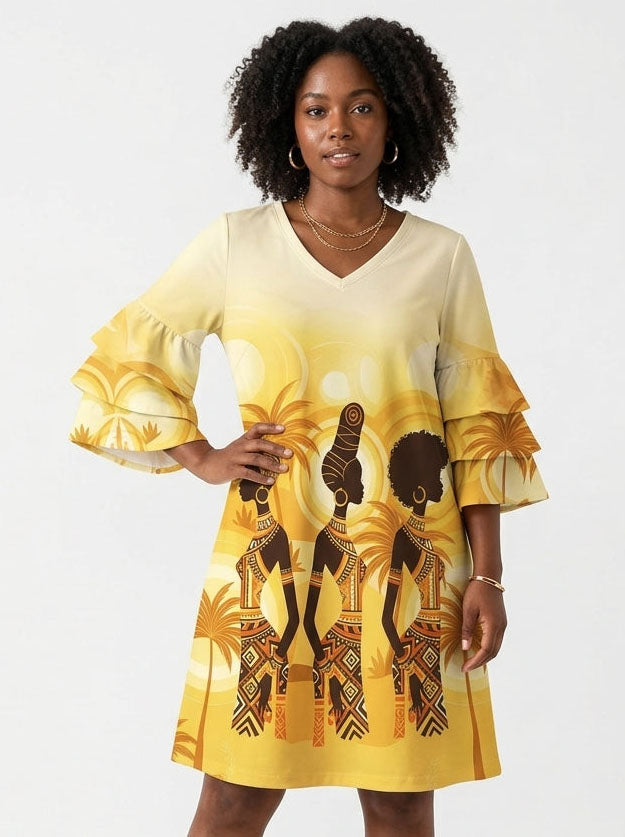 Ancestral Flame Stacked Ruffle Sleeve Dress