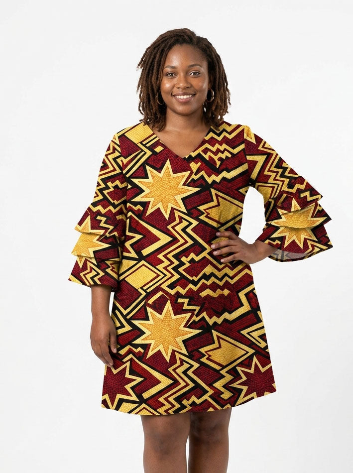 Burgundy Sheba Stacked Ruffle Sleeve Dress