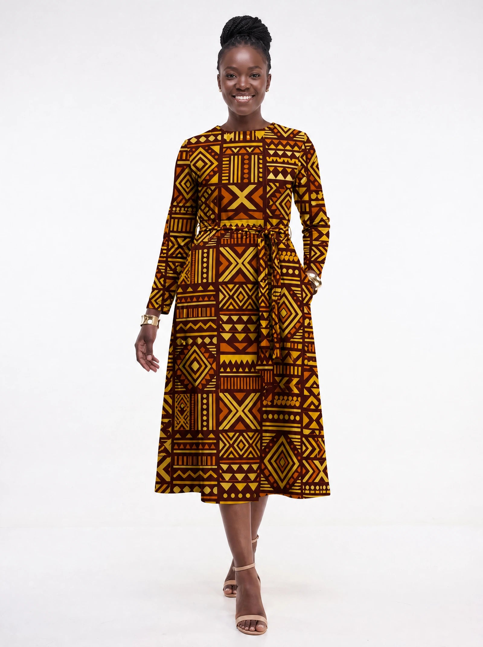 "Mudcloth" Viscose Midi Dress — front view on model