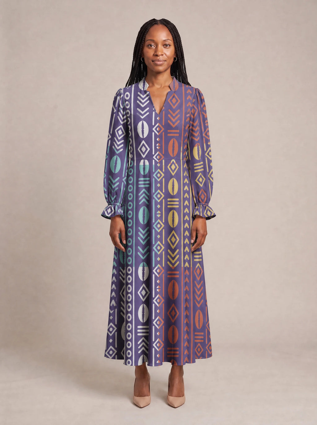 "Oshun Zamani" Long Puff Sleeve Dress — front view on model