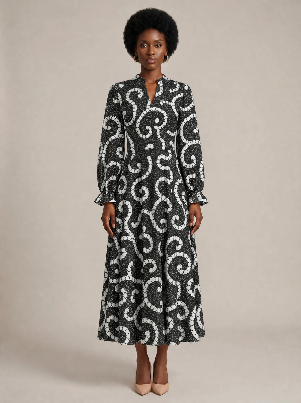 "Duara" Long Puff Sleeve Dress — front view on model