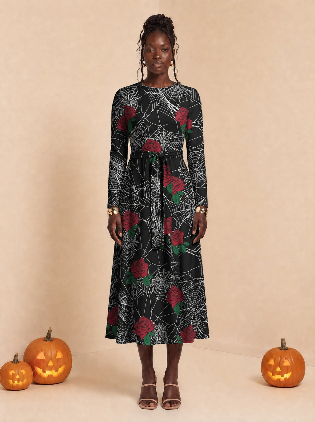 "Mwiba" Halloween Long Sleeve Midaxi Dress — front view on model