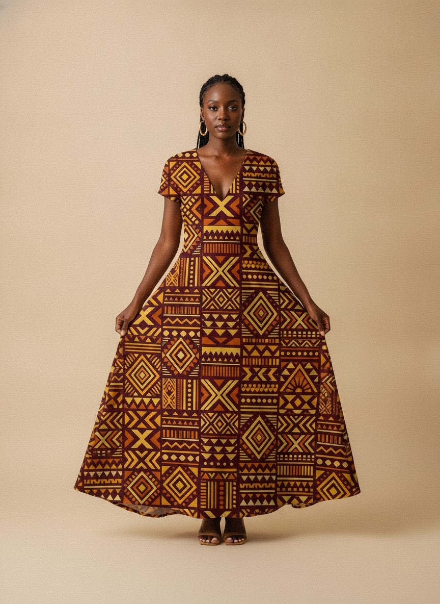 Mudcloth Short Sleeve Maxi Dress