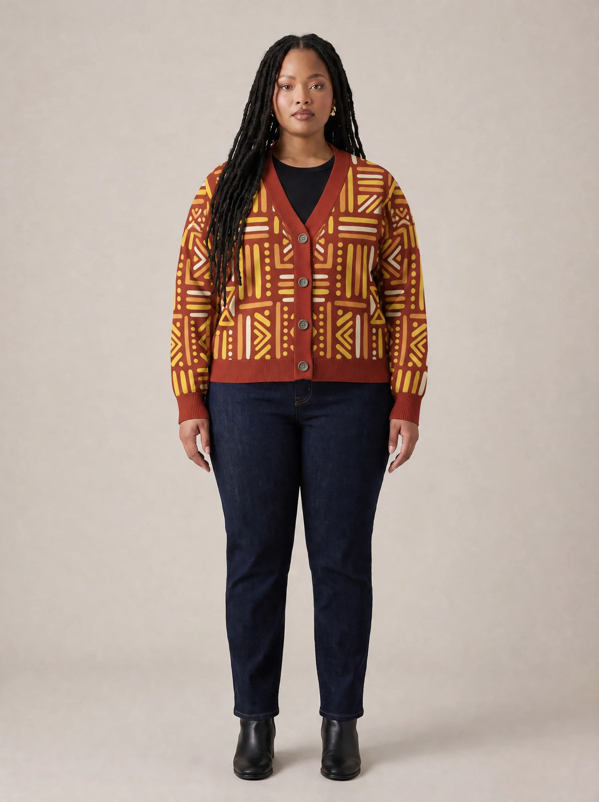 "Mistari" Cardigan — front view on model