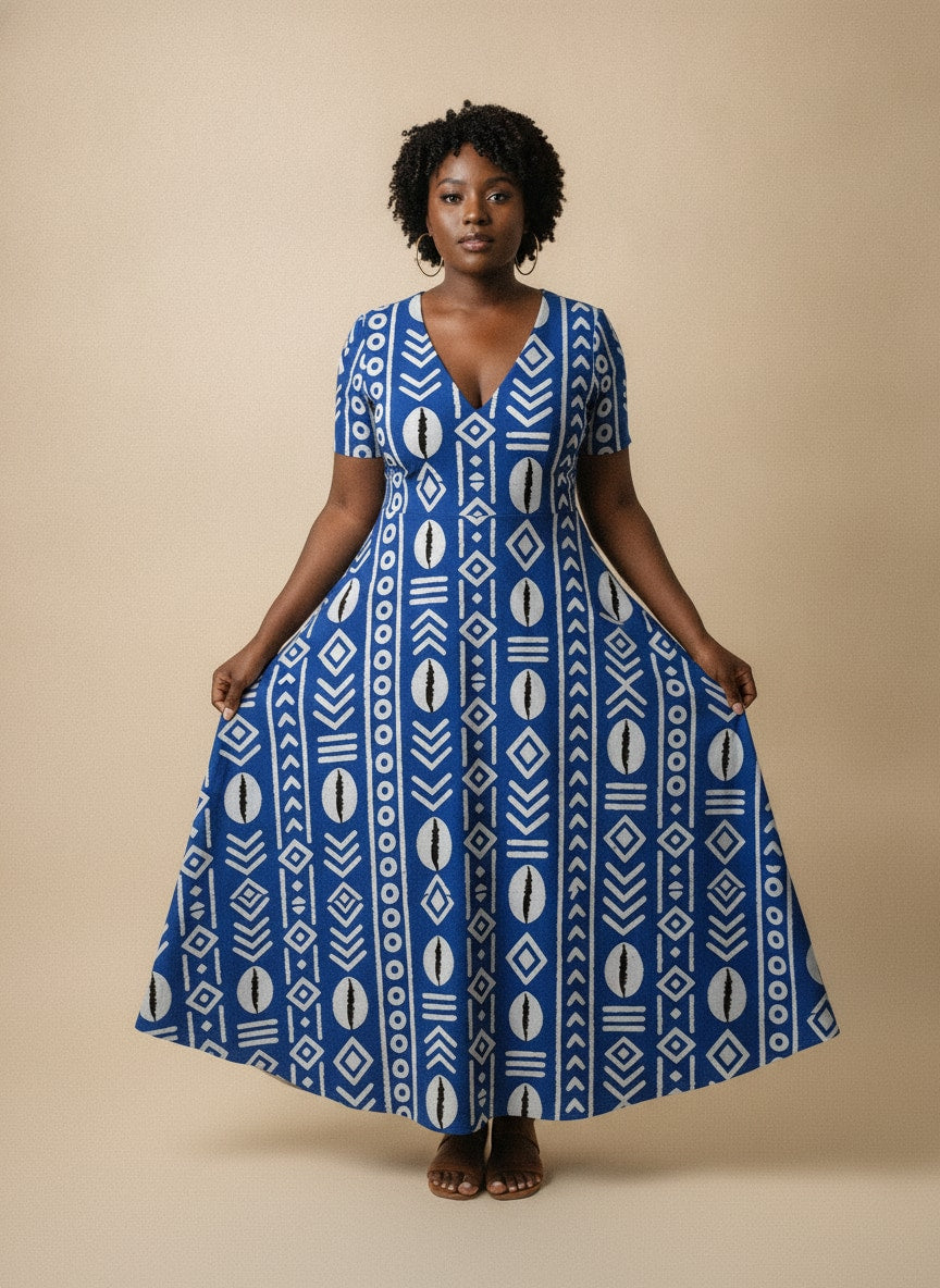 "Oshun" Royal Blue Short Sleeve Maxi Dress