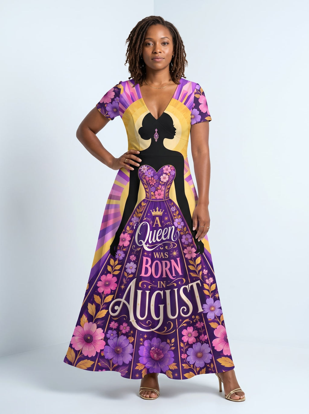 "August Queen Purple Bloom" Short Sleeve Maxi Dress