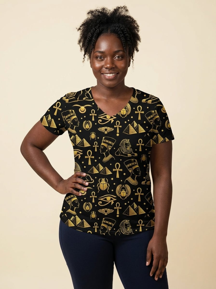 "Nefertiti" Black Gold V-Neck T-Shirt