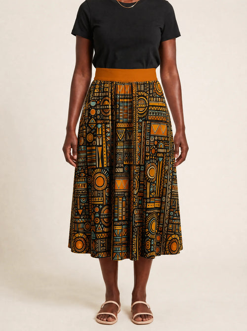 "Afrocentric Pattern" Twirl Skirt — cropped front view on model