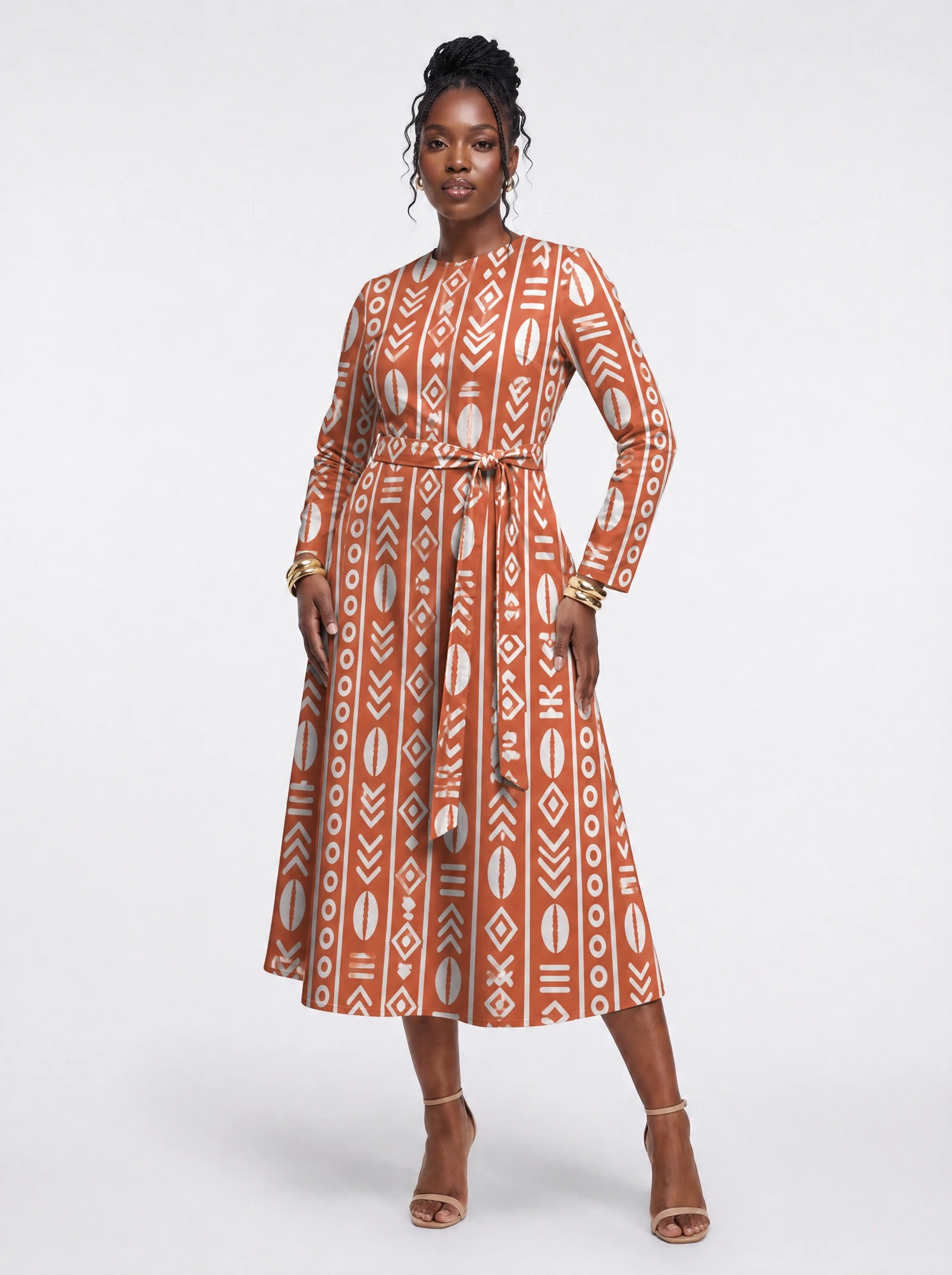 "Oshun Kijani" Viscose Midi Dress — front view on model