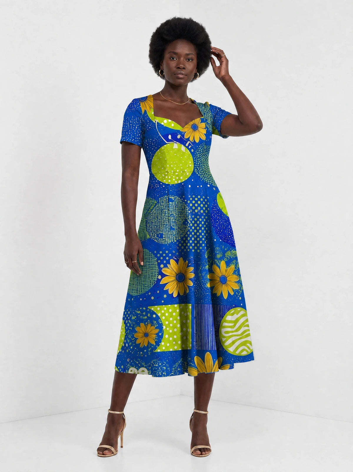"Mchezo" Sweetheart Midi Dress — front view on model