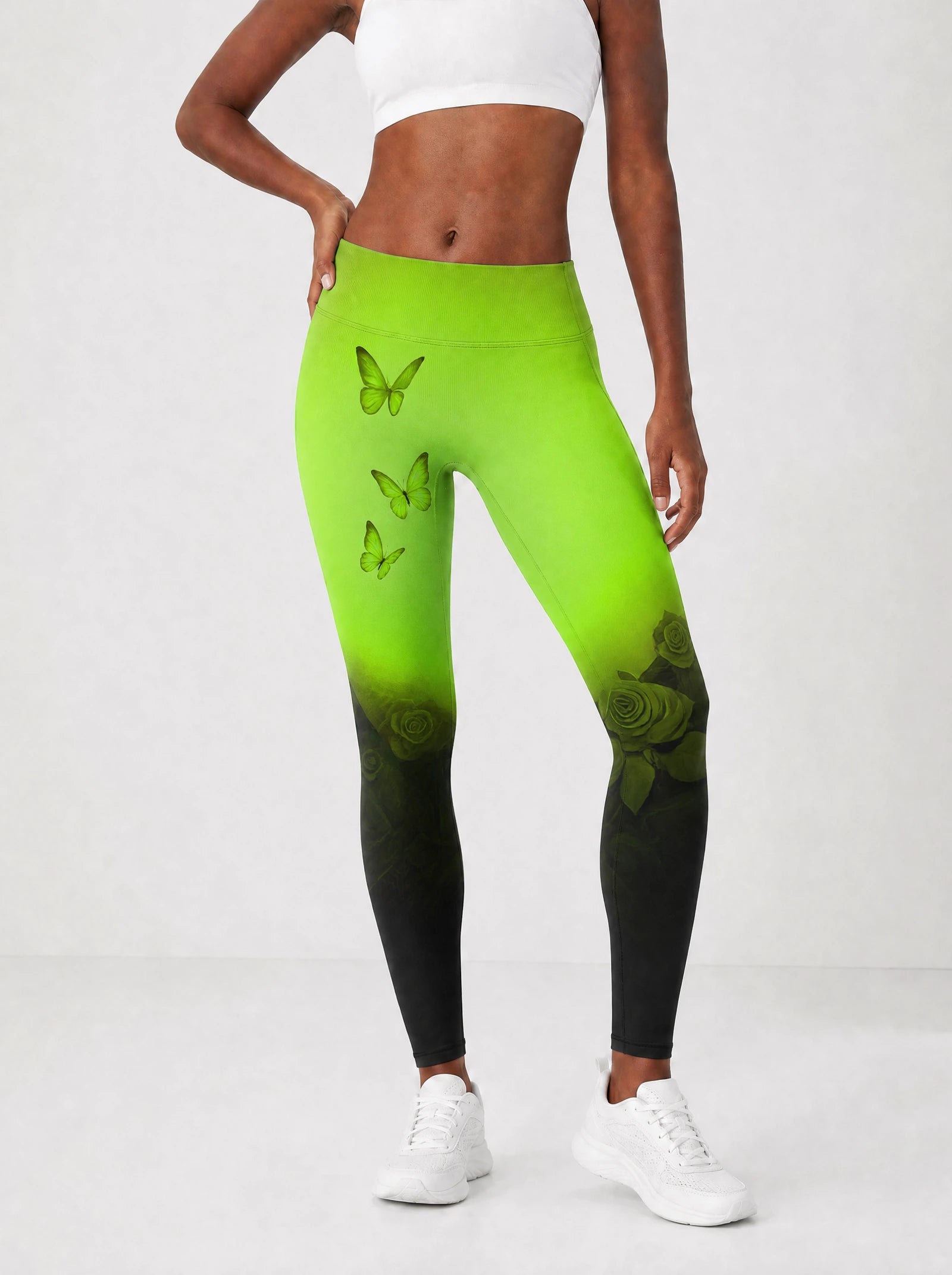 "Selah" Green Leggings — front view on model