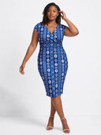 "Oshun Royal Blue" Cap Sleeve Midi Dress — front view on model