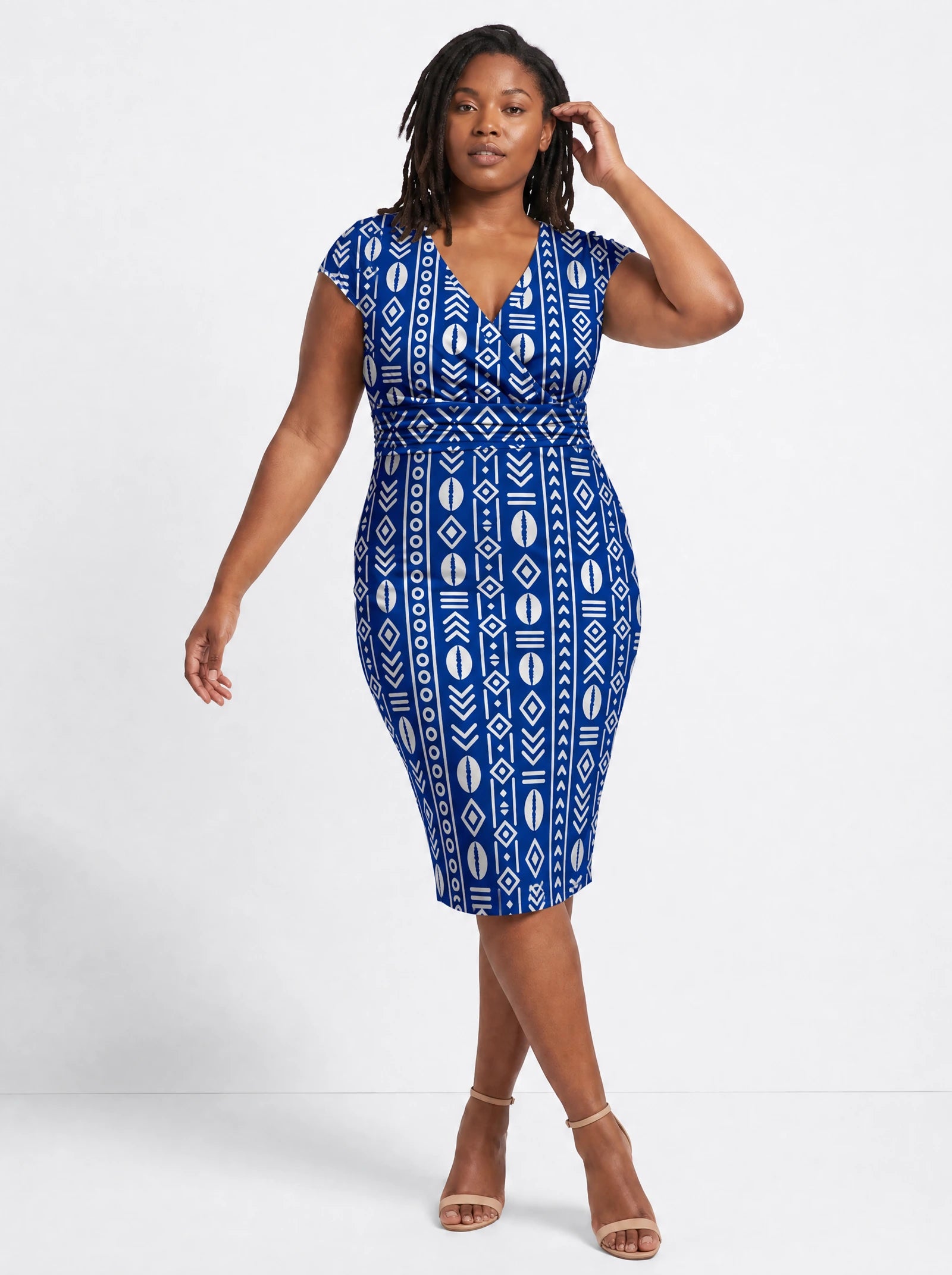 "Oshun Royal Blue" Cap Sleeve Midi Dress — front view on model