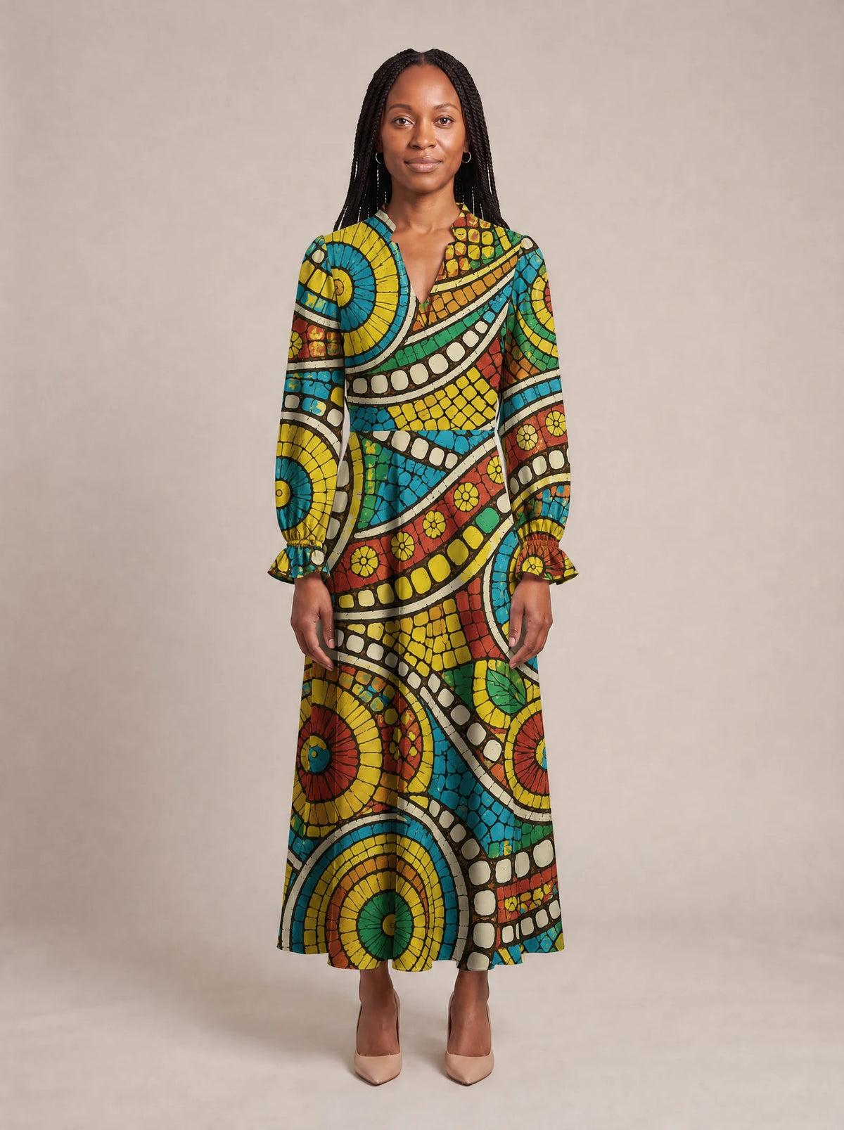 "Taji" Long Puff Sleeve Dress — front view on model