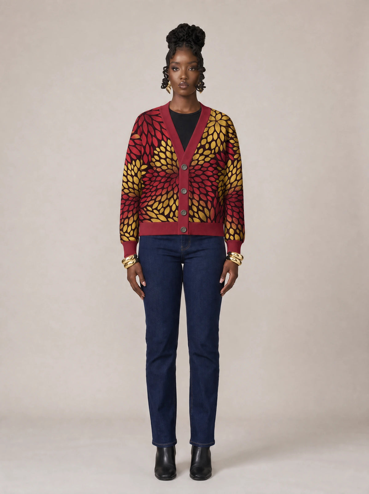 "Mavuno" Cardigan — front view on model