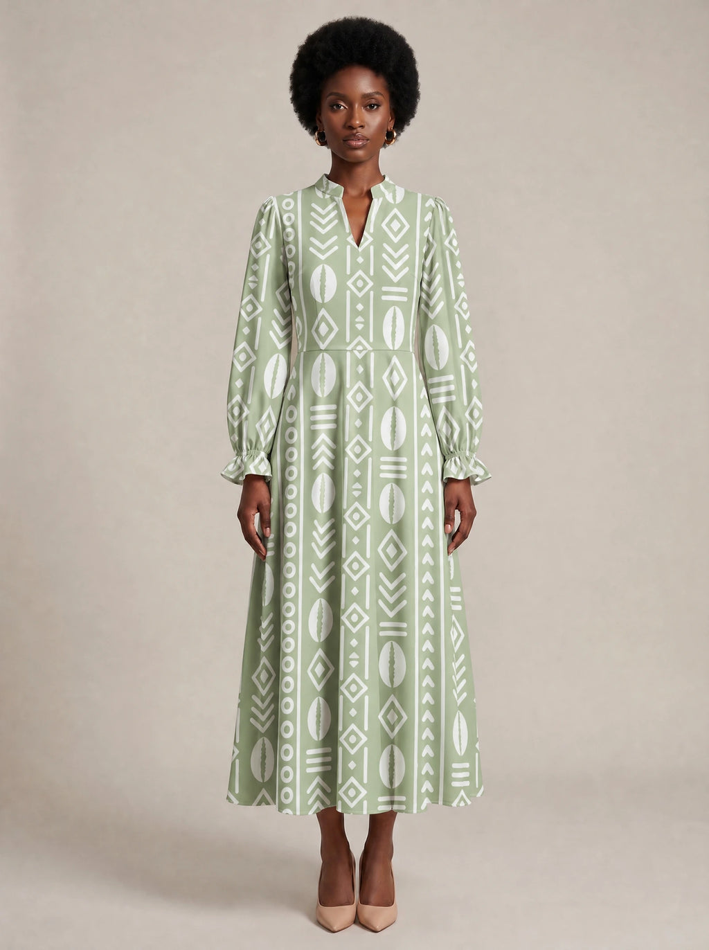 "Oshun Verde" Long Puff Sleeve Dress — front view on model
