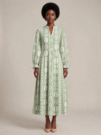 "Oshun Verde" Long Puff Sleeve Dress — front view on model
