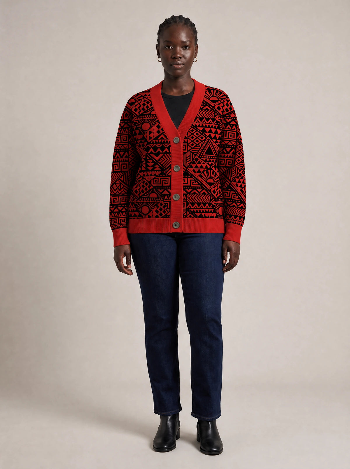 "Shaka" Burgundy Cardigan — front view on model