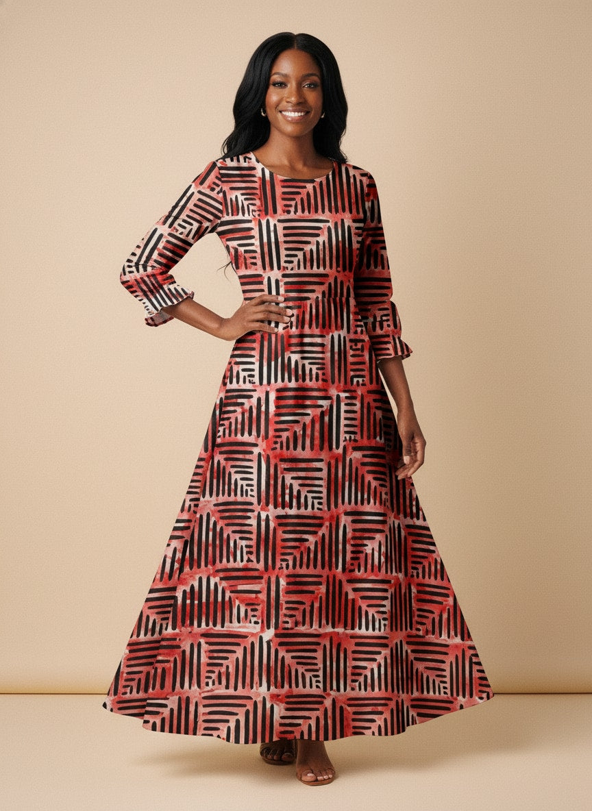 "Adire" Long Sleeve Maxi Dress
