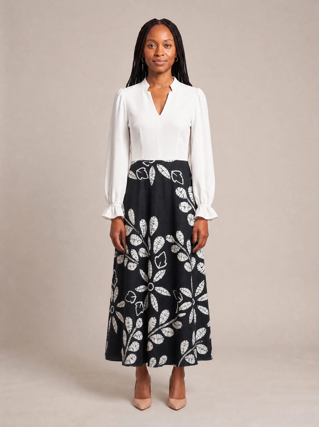 "Kivuli" Long Puff Sleeve Dress — front view on model