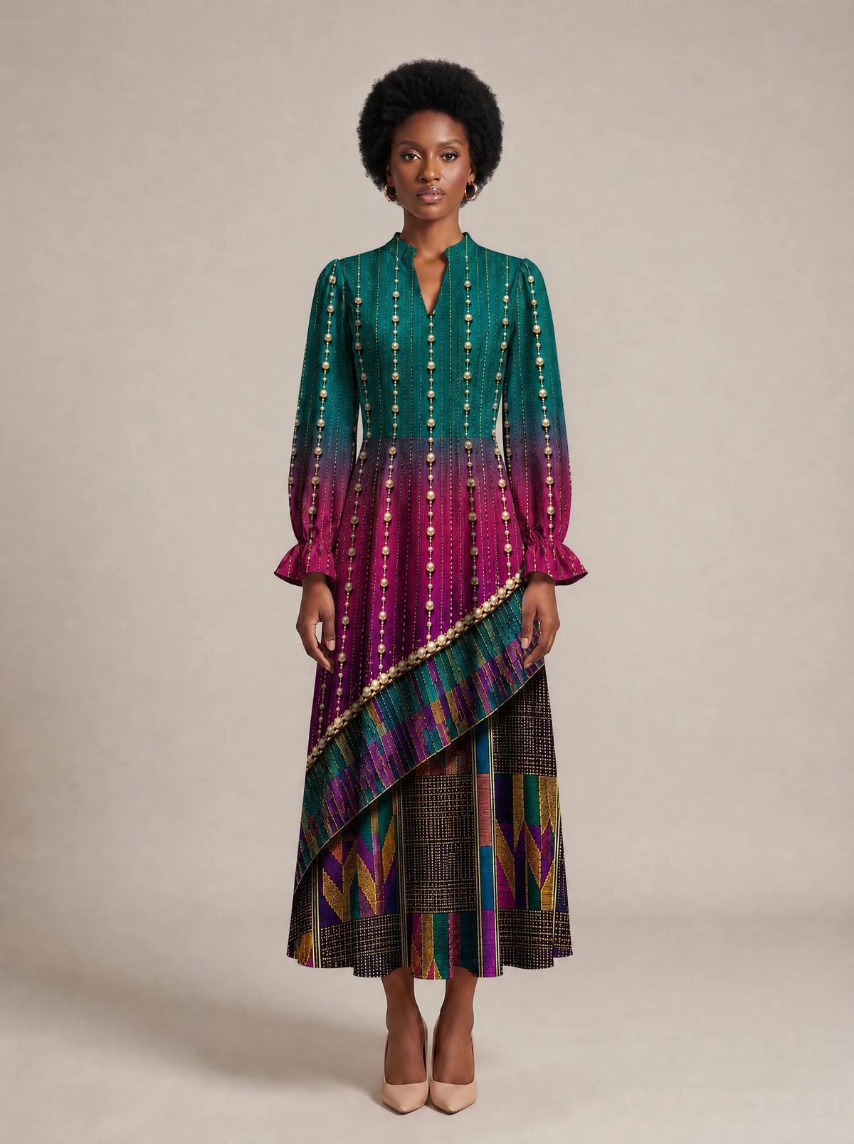 "Lulu" Long Puff Sleeve Dress — front view on model