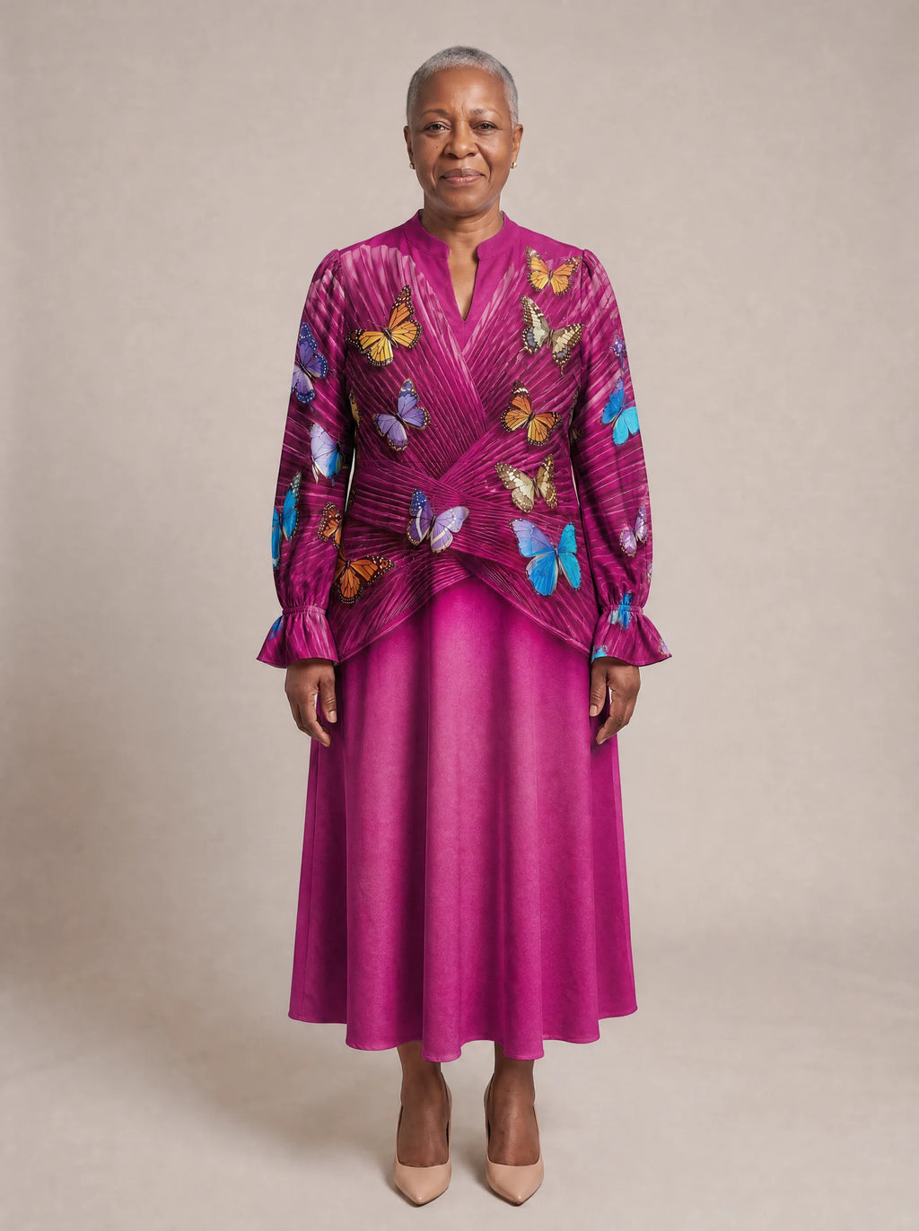"Kipepeo" Long Puff Sleeve Dress — front view on model