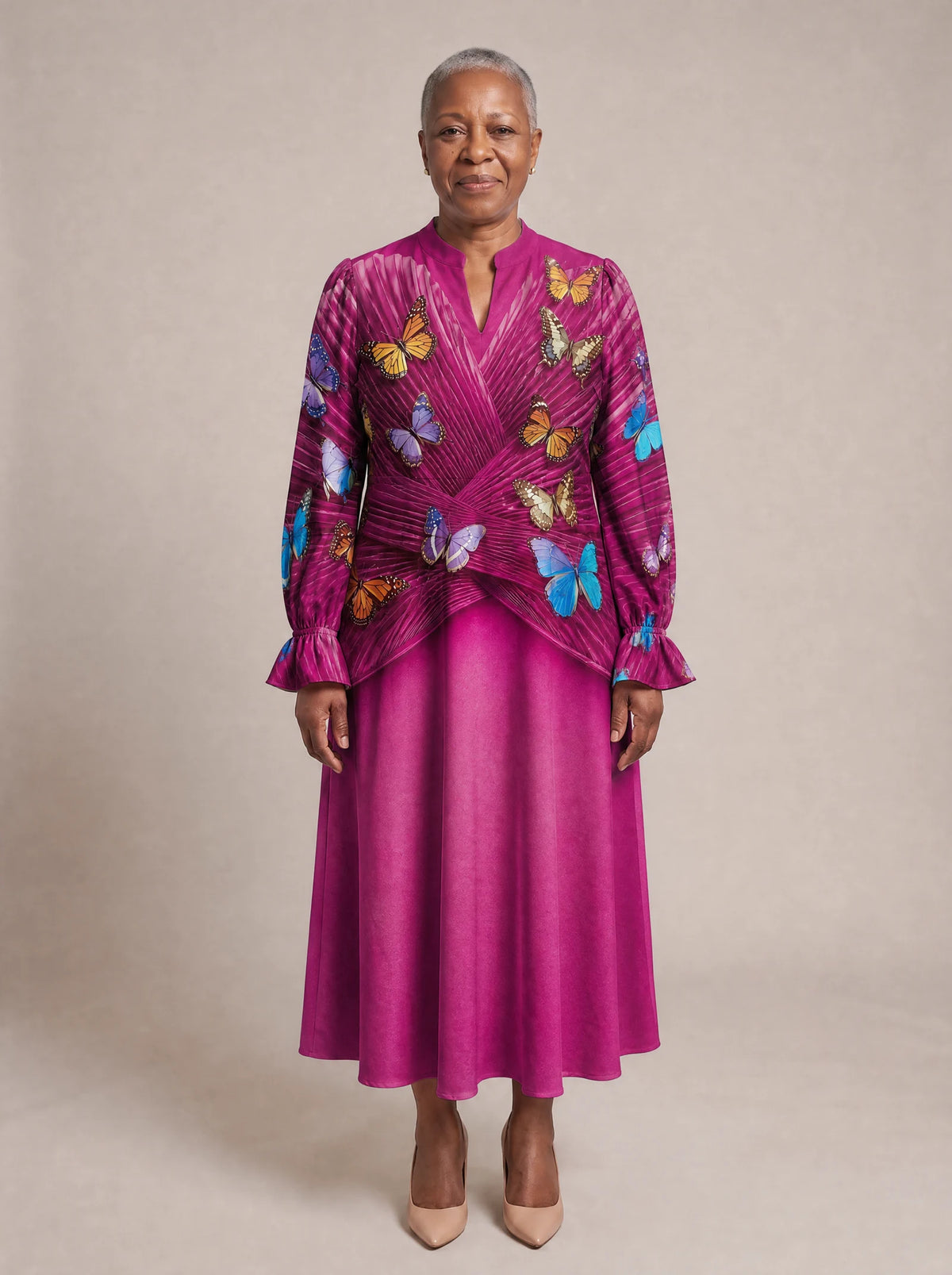 "Kipepeo" Long Puff Sleeve Dress — front view on model