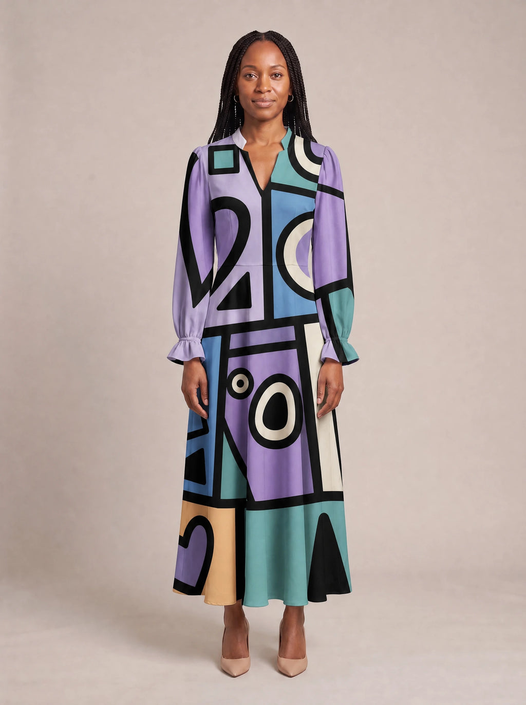 "Sanaa" Long Puff Sleeve Dress — front view on model