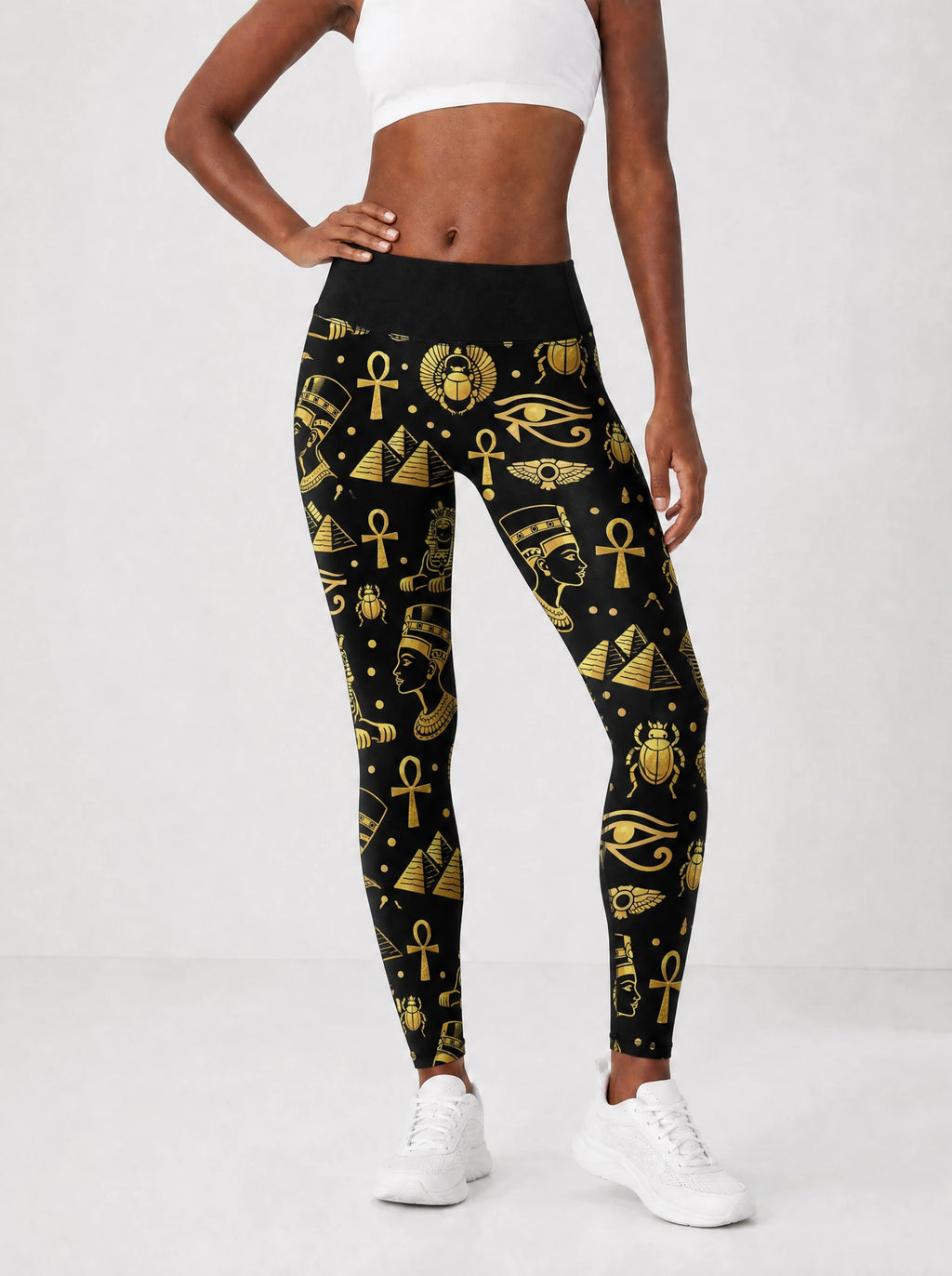 "Nefertiti" Black Gold Leggings — front view on model