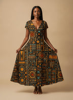Afrocentric Pattern Short Sleeve Maxi Dress
