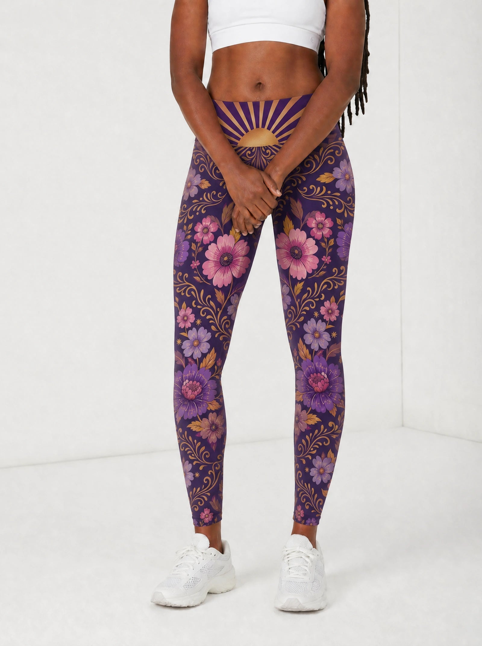 "August Queen Purple Bloom" Leggings — front view on model