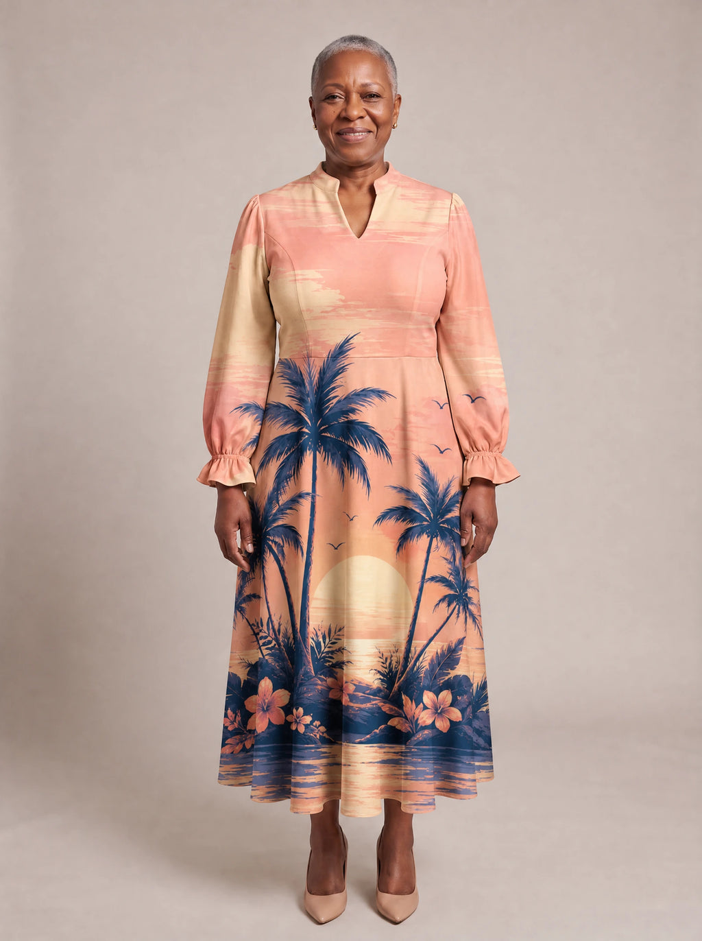"Machweo" Long Puff Sleeve Dress — front view on model